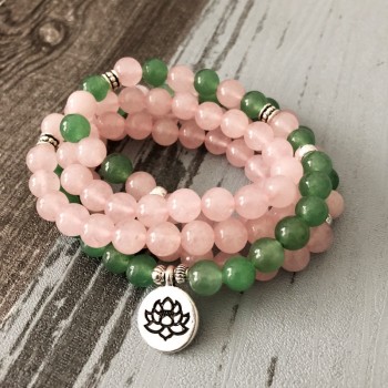 108 Prayer beads Rose Quartzs Green Aventurine Bracelet Love amp; Luck Necklace and Bracelet Pink Bracelet with Lotus charm