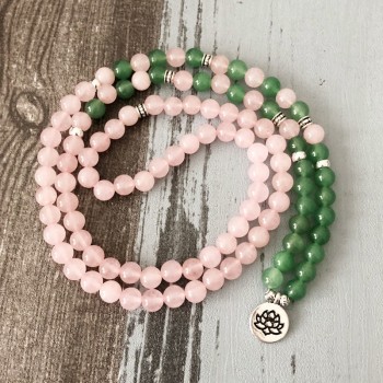 108 Prayer beads Rose Quartzs Green Aventurine Bracelet Love amp; Luck Necklace and Bracelet Pink Bracelet with Lotus charm