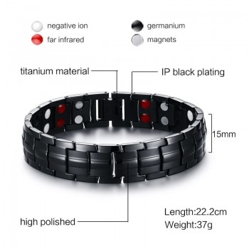 Elegant Mens Black Bracelets Titanium Steel Magnetic Therapy 2 Row 4 in 1 FIR, Negative Ion Germanium Bracelet Men Jewelry 2017