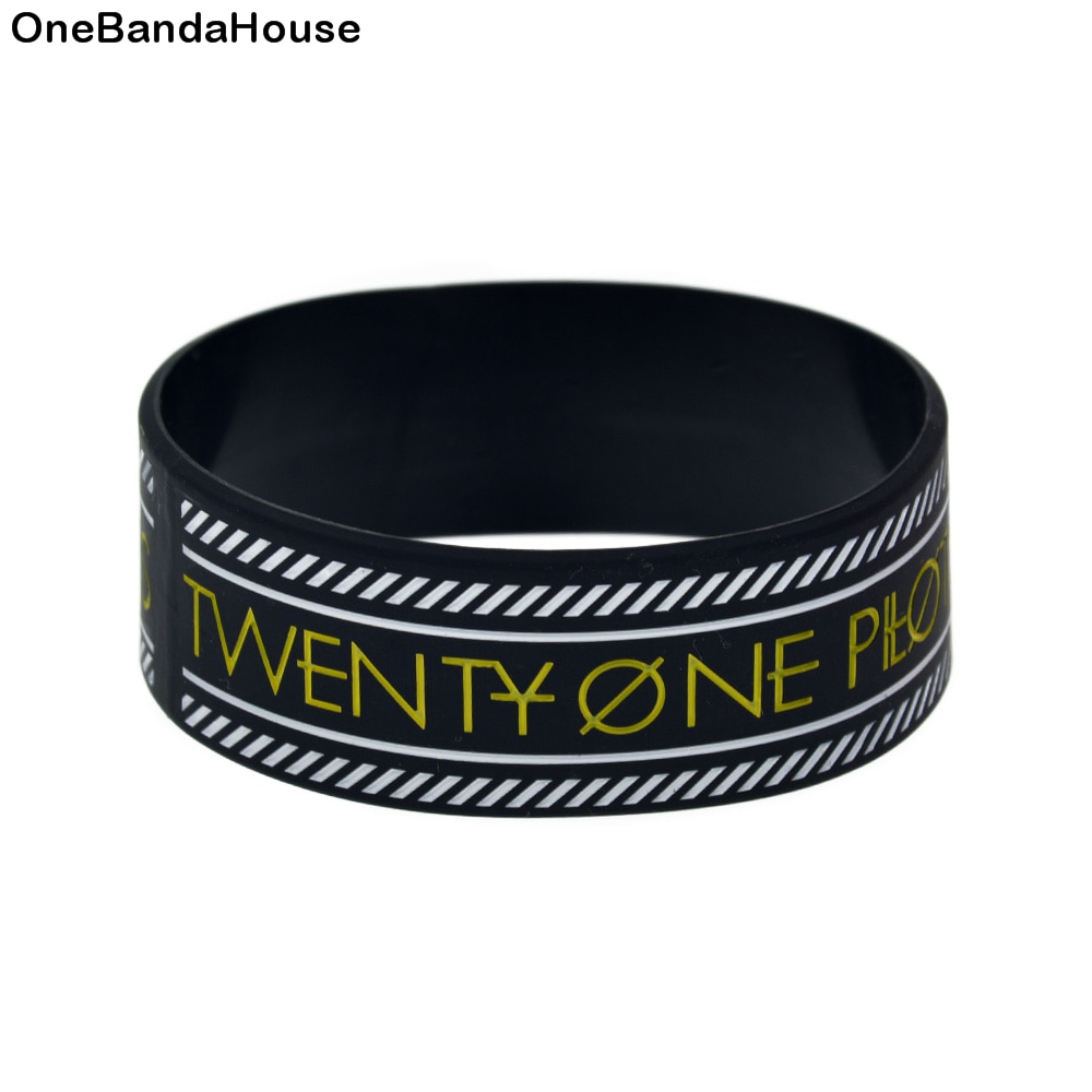 OneBandaHouse 1PC Rock Band Twenty One Pilots Silicone Rubber Wristband 1 Inch Wide Bracelet White Line Logo