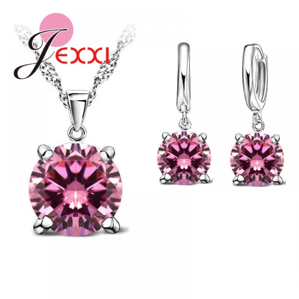 JEXXI 925 Sterling Silver Jewelry Sets 4 Claws Cubic Zirconia CZ Pendant Necklace Earring Fashion Jewelry For Women SET