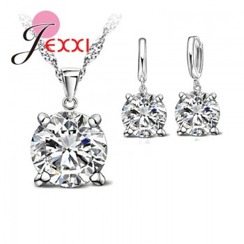 JEXXI 925 Sterling Silver Jewelry Sets 4 Claws Cubic Zirconia CZ Pendant Necklace Earring Fashion Jewelry For Women SET