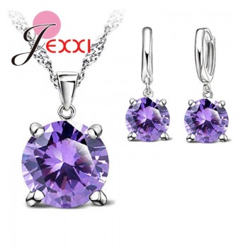 JEXXI 925 Sterling Silver Jewelry Sets 4 Claws Cubic Zirconia CZ Pendant Necklace Earring Fashion Jewelry For Women SET