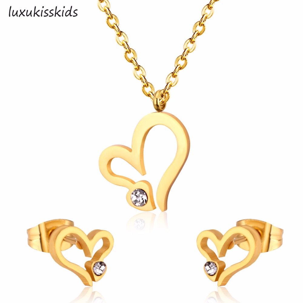 LUXUKISSKIDS Romantic Stainless Steel Jewelry Sets Engagement Necklace Earrings Sets Women Wedding Jewelry