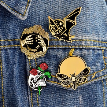 Hand with crystal glasses Skull head with roses Bat Bee Punk pins Badges Hard enamel lapel pins Brooches Gothic jewelry