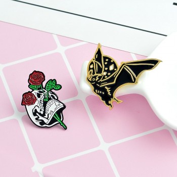 Hand with crystal glasses Skull head with roses Bat Bee Punk pins Badges Hard enamel lapel pins Brooches Gothic jewelry