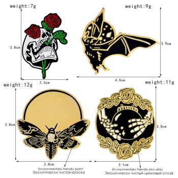 Hand with crystal glasses Skull head with roses Bat Bee Punk pins Badges Hard enamel lapel pins Brooches Gothic jewelry