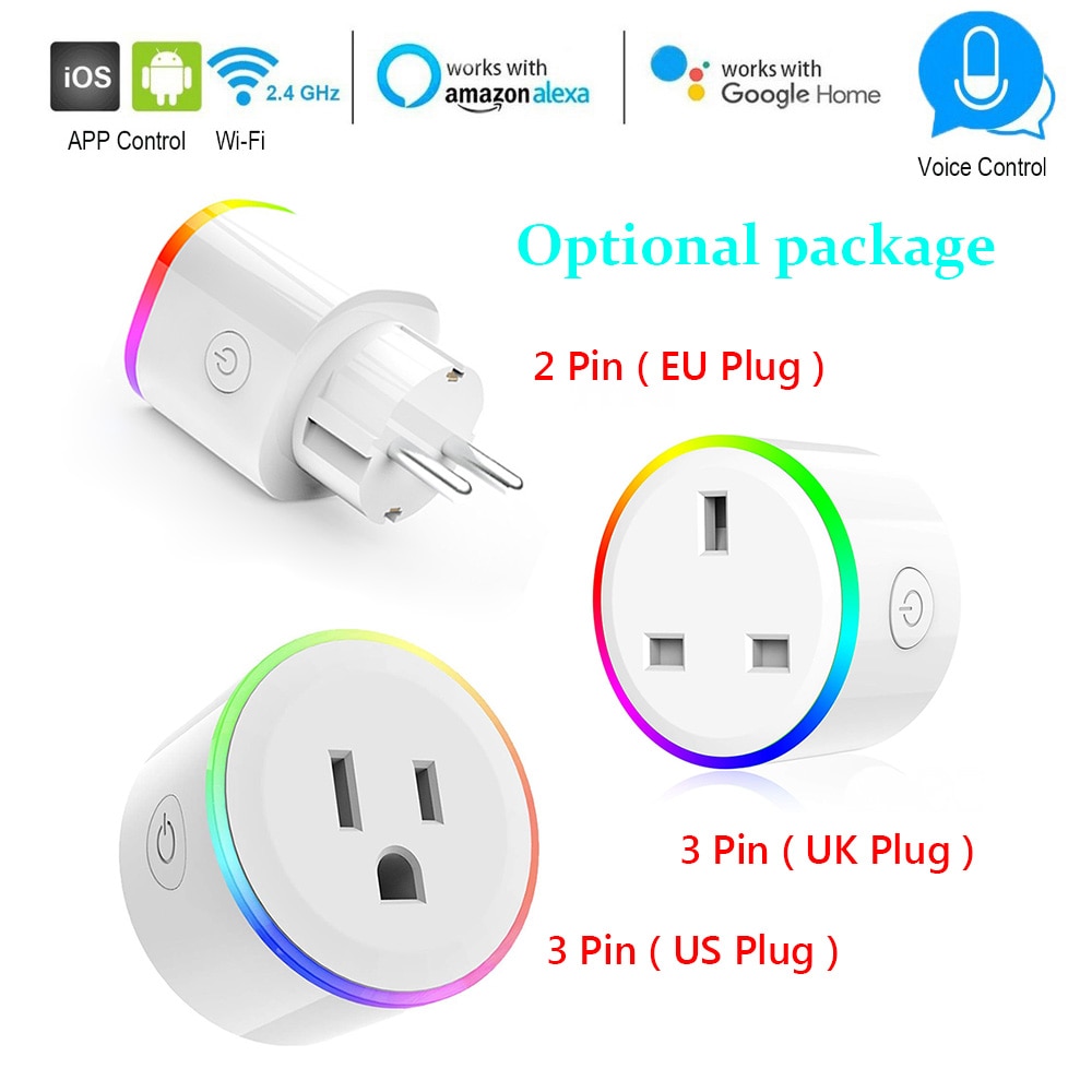 Smart EU US UK Plug WiFi Control Socket Wireless Timer Switch Outlet With RGB LED Light Voice Control works with Alexa Google