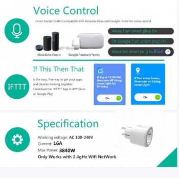 Smart EU US UK Plug WiFi Control Socket Wireless Timer Switch Outlet With RGB LED Light Voice Control works with Alexa Google